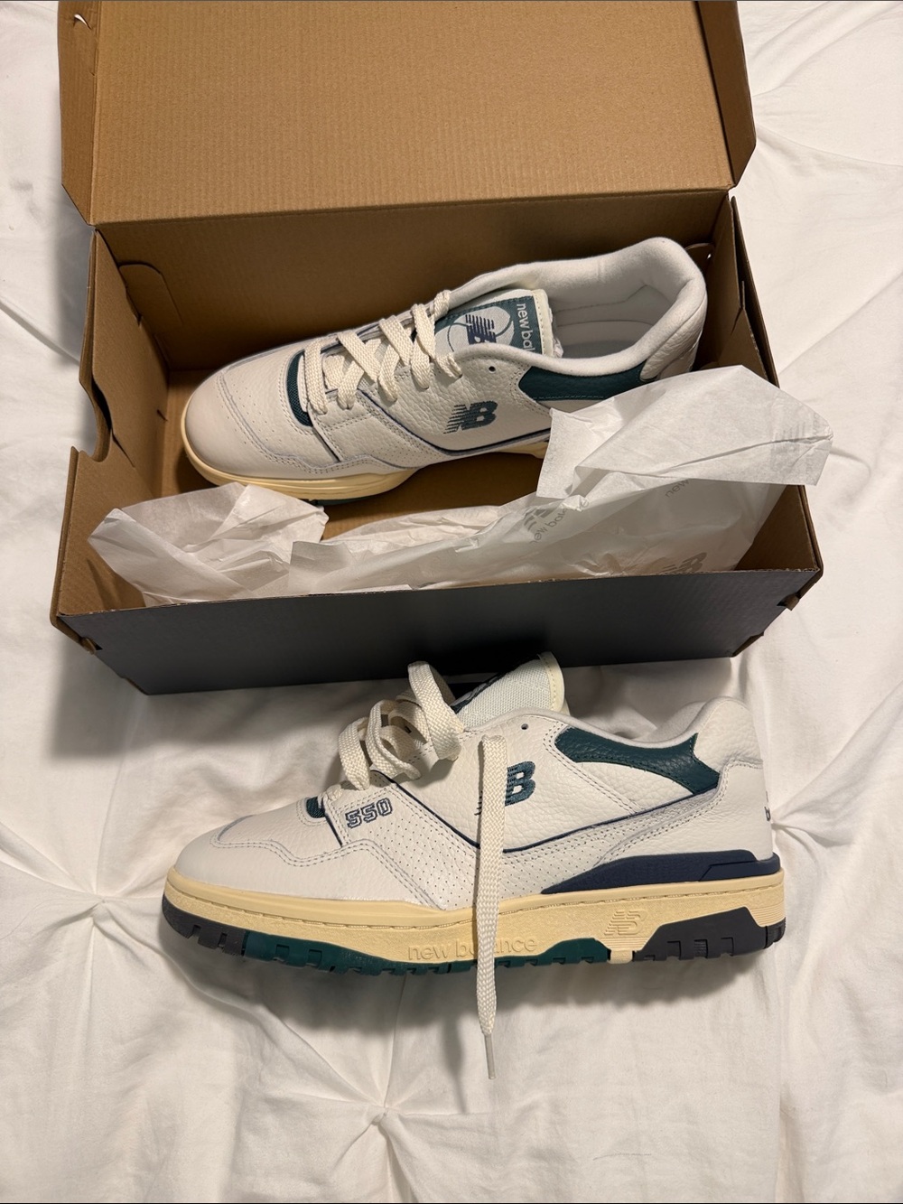 New Balance White Teal and Cream 550 Low-Top Sneakers